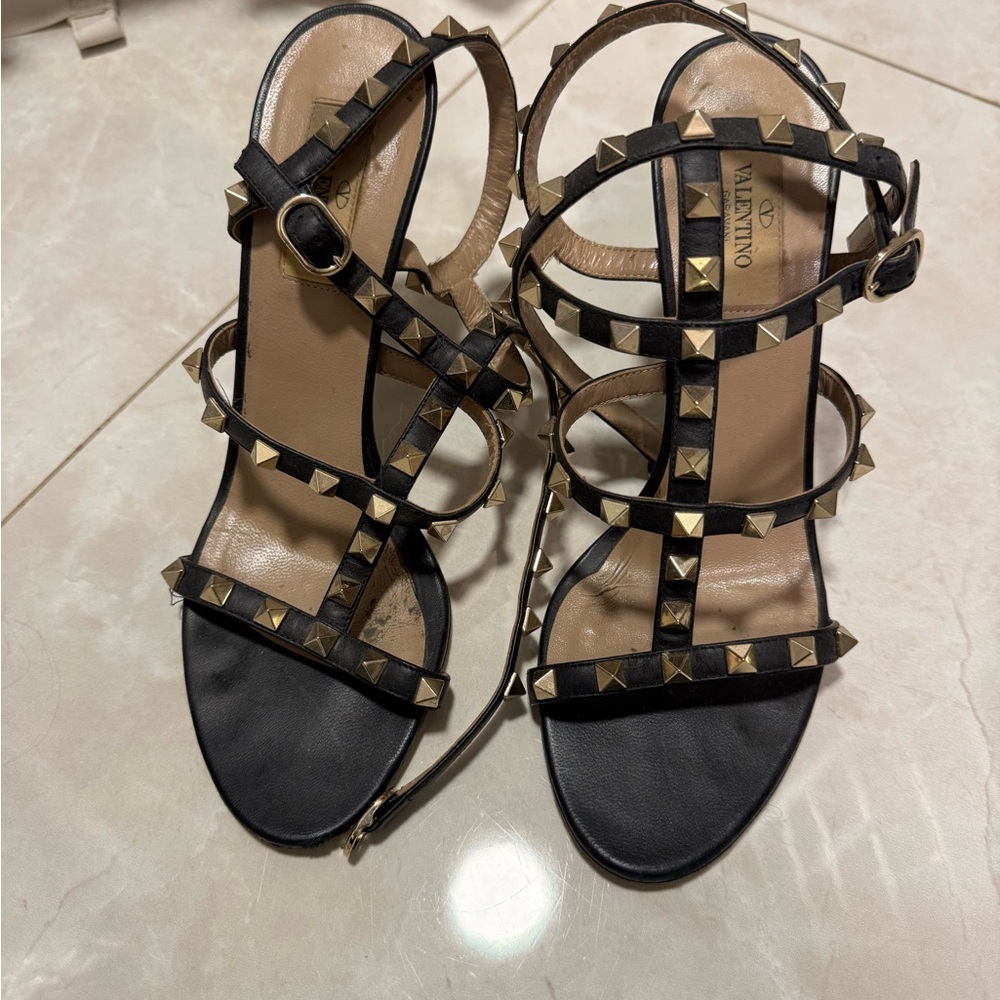 Valentino Black and Gold Studded Sandals